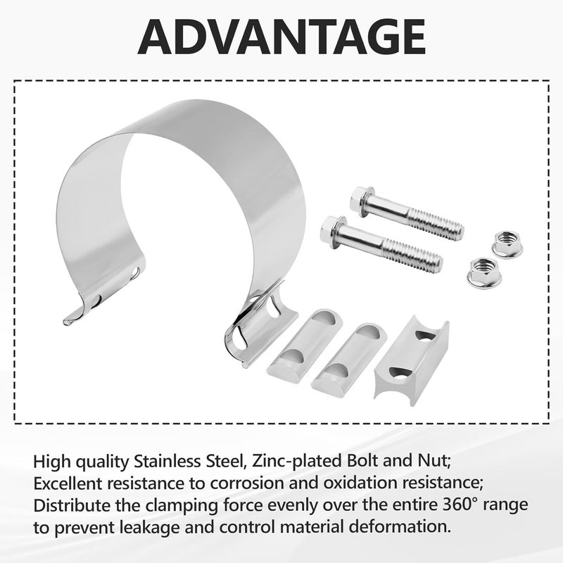 BIGREAT 4'' Inch Exhaust Clamp,4 Inch Butt Joint Exhaust Seal Band Clamp Sleeve Coupler Universal For Exhaust System 2PCS Polished T304 Stainless Steel - Image 5
